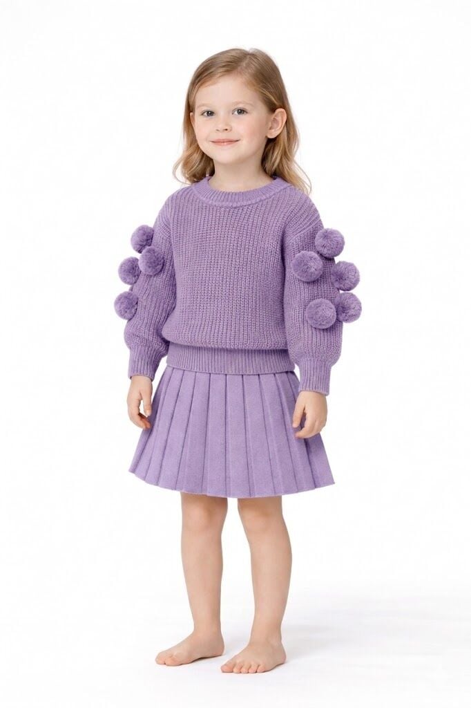 Mor Ponpon Detaylı Kız Bebek Triko Etek Takım 06-24 Ay 06-12 Ay