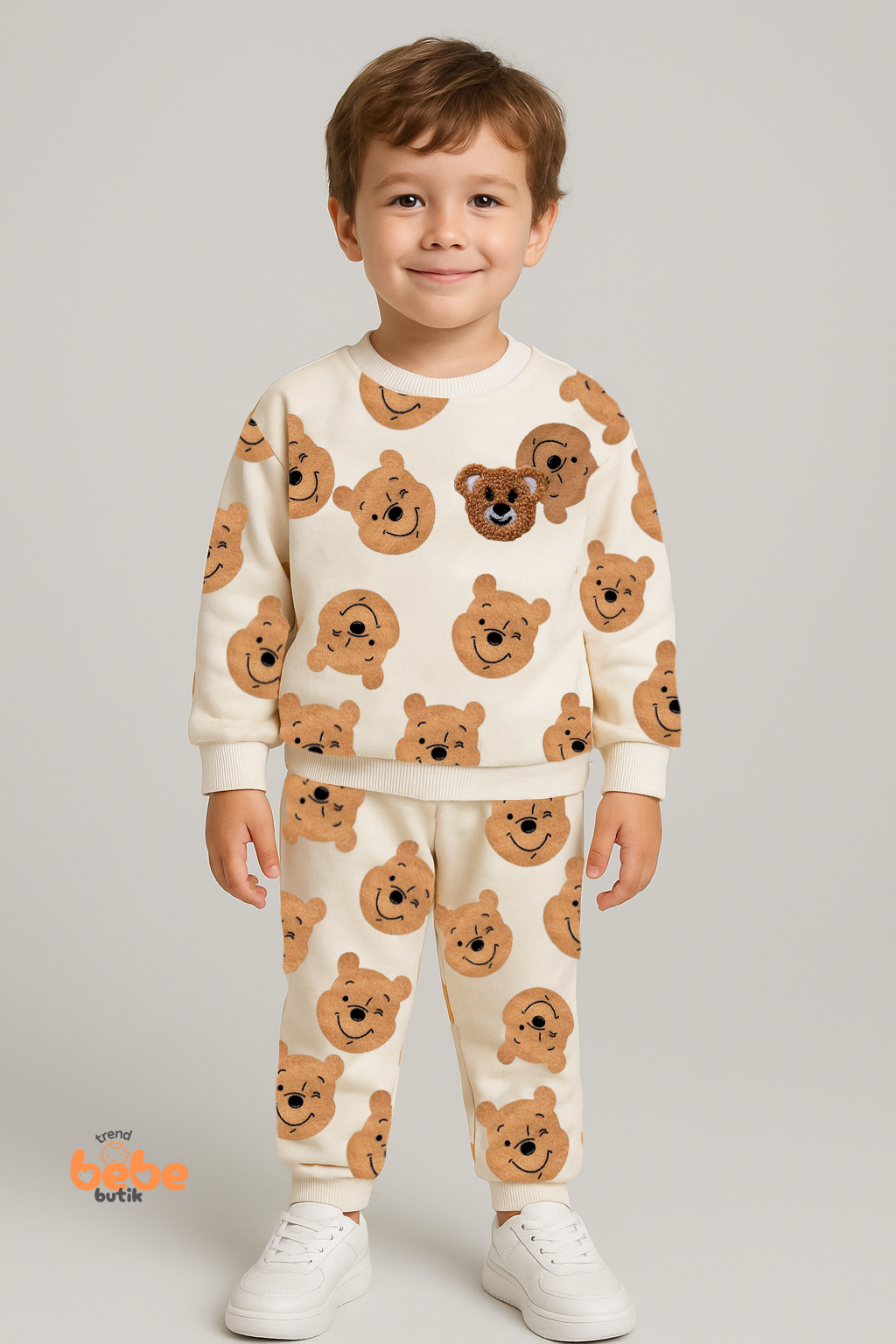 Erkek Çocuk 2’li Alt Üst Takım,Bisiklet Yaka Ayıcık Desenli Sweatshirt ve Eşofman Altı Günlük Giyim