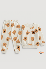 Erkek Çocuk 2’li Alt Üst Takım,Bisiklet Yaka Ayıcık Desenli Sweatshirt ve Eşofman Altı Günlük Giyim