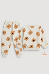 Erkek Çocuk 2’li Alt Üst Takım,Bisiklet Yaka Ayıcık Desenli Sweatshirt ve Eşofman Altı Günlük Giyim