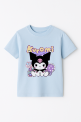 Kuromi Baskılı Kız Çocuk Tişörtü Renkli Pamuklu T-shirt Sevimli Anime Karakter Desenli Günlük Basic Açık Mavi 13-14 Yaş