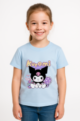 Kuromi Baskılı Kız Çocuk Tişörtü Renkli Pamuklu T-shirt Sevimli Anime Karakter Desenli Günlük Basic Açık Mavi 13-14 Yaş