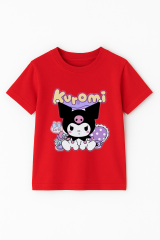 Kuromi Baskılı Kız Çocuk Tişörtü Renkli Pamuklu T-shirt Sevimli Anime Karakter Desenli Günlük Basic Kırmızı 7-8 Yaş