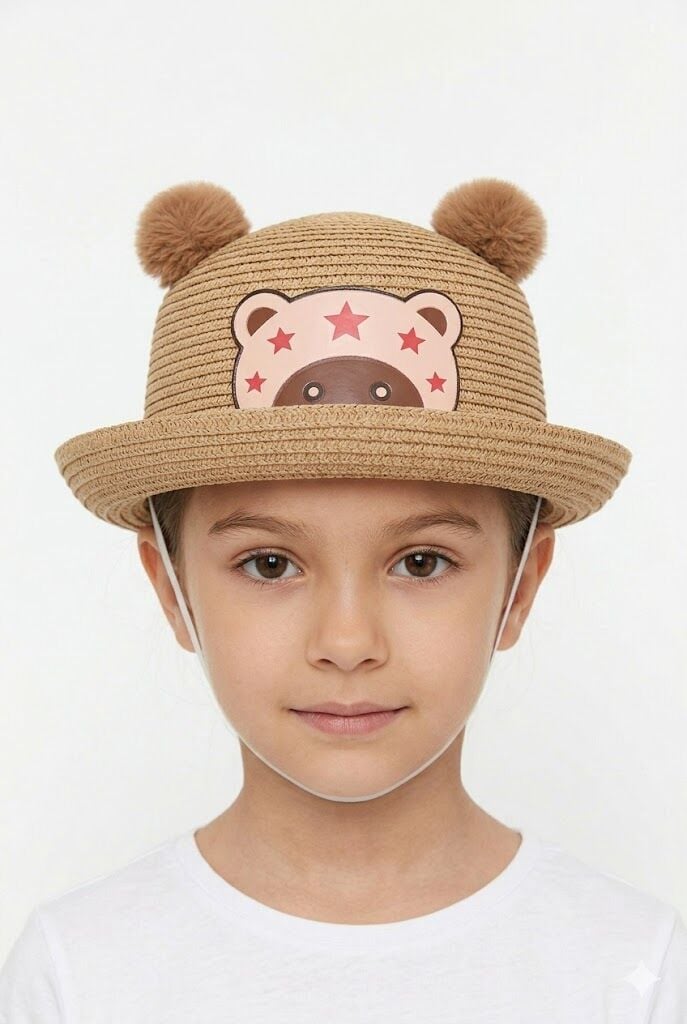 Kız Çocuk Ayıcık Desenli Hasır Şapka İpli Hasır Şapka Ayı Motifli Kız Çocuk Şapkası Krem