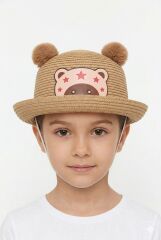 Kız Çocuk Ayıcık Desenli Hasır Şapka İpli Hasır Şapka Ayı Motifli Kız Çocuk Şapkası Krem