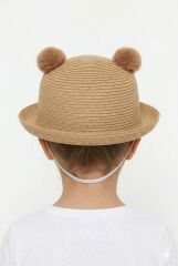 Kız Çocuk Ayıcık Desenli Hasır Şapka İpli Hasır Şapka Ayı Motifli Kız Çocuk Şapkası Krem