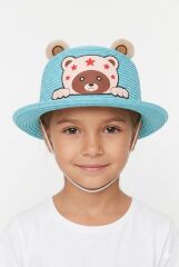 Kız Çocuk Ayıcık Desenli Hasır Şapka İpli Hasır Şapka Ayı Motifli Kız Çocuk Şapkası Mavi