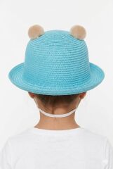 Kız Çocuk Ayıcık Desenli Hasır Şapka İpli Hasır Şapka Ayı Motifli Kız Çocuk Şapkası Mavi