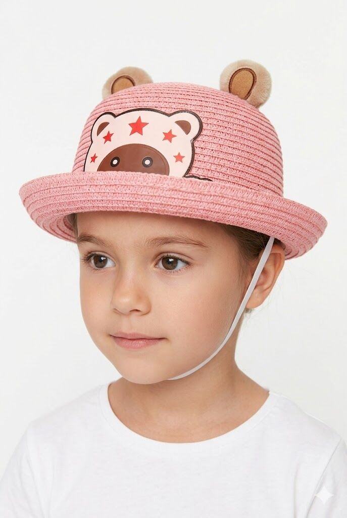 Kız Çocuk Ayıcık Desenli Hasır Şapka İpli Hasır Şapka Ayı Motifli Kız Çocuk Şapkası Pembe