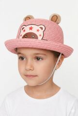 Kız Çocuk Ayıcık Desenli Hasır Şapka İpli Hasır Şapka Ayı Motifli Kız Çocuk Şapkası Pembe