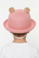 Kız Çocuk Ayıcık Desenli Hasır Şapka İpli Hasır Şapka Ayı Motifli Kız Çocuk Şapkası Pembe