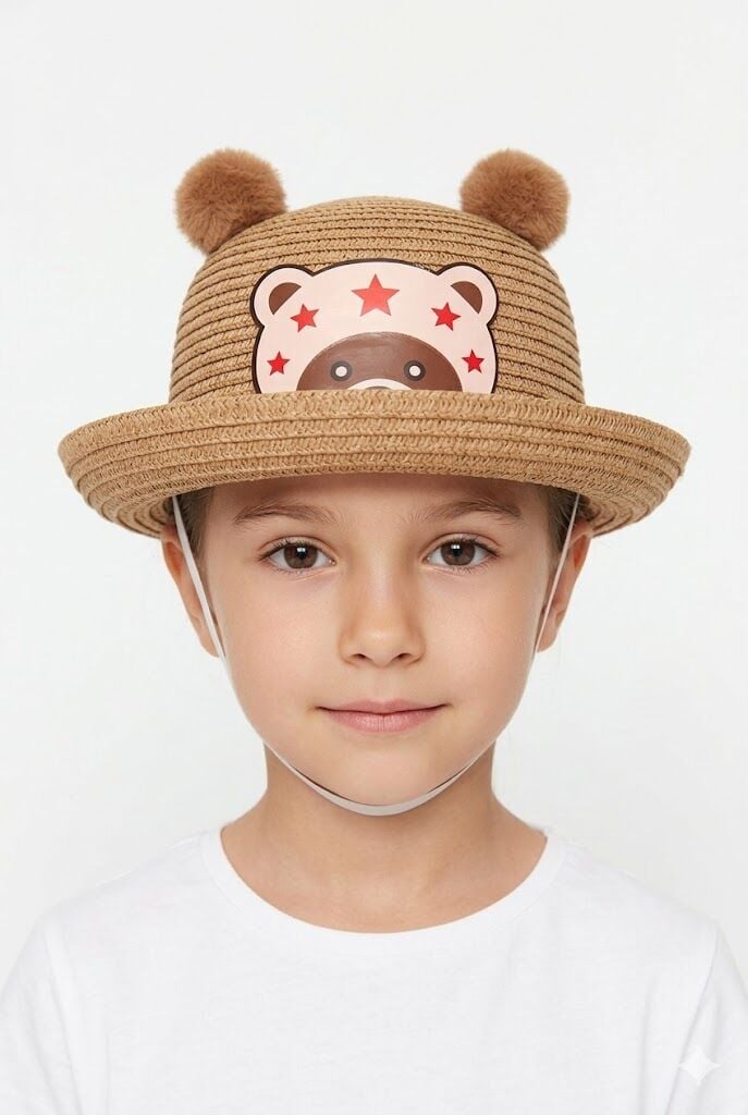 Kız Çocuk Ayıcık Desenli Hasır Şapka İpli Hasır Şapka Ayı Motifli Kız Çocuk Şapkası Kahverengi