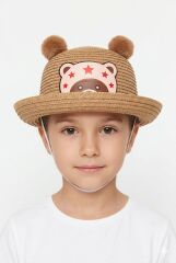 Kız Çocuk Ayıcık Desenli Hasır Şapka İpli Hasır Şapka Ayı Motifli Kız Çocuk Şapkası Kahverengi