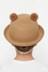 Kız Çocuk Ayıcık Desenli Hasır Şapka İpli Hasır Şapka Ayı Motifli Kız Çocuk Şapkası Kahverengi