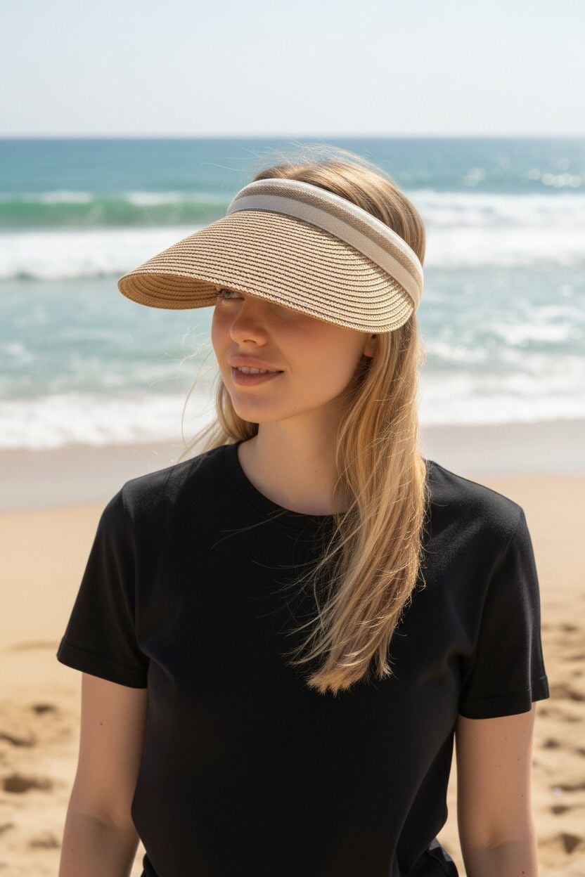 Kadın Vizör Tepesi Açık Şapka Güneşlik Yazlık Spor Plaj Şapkası Geniş Kenarlı Vizörlü Şapka Açık Kahve