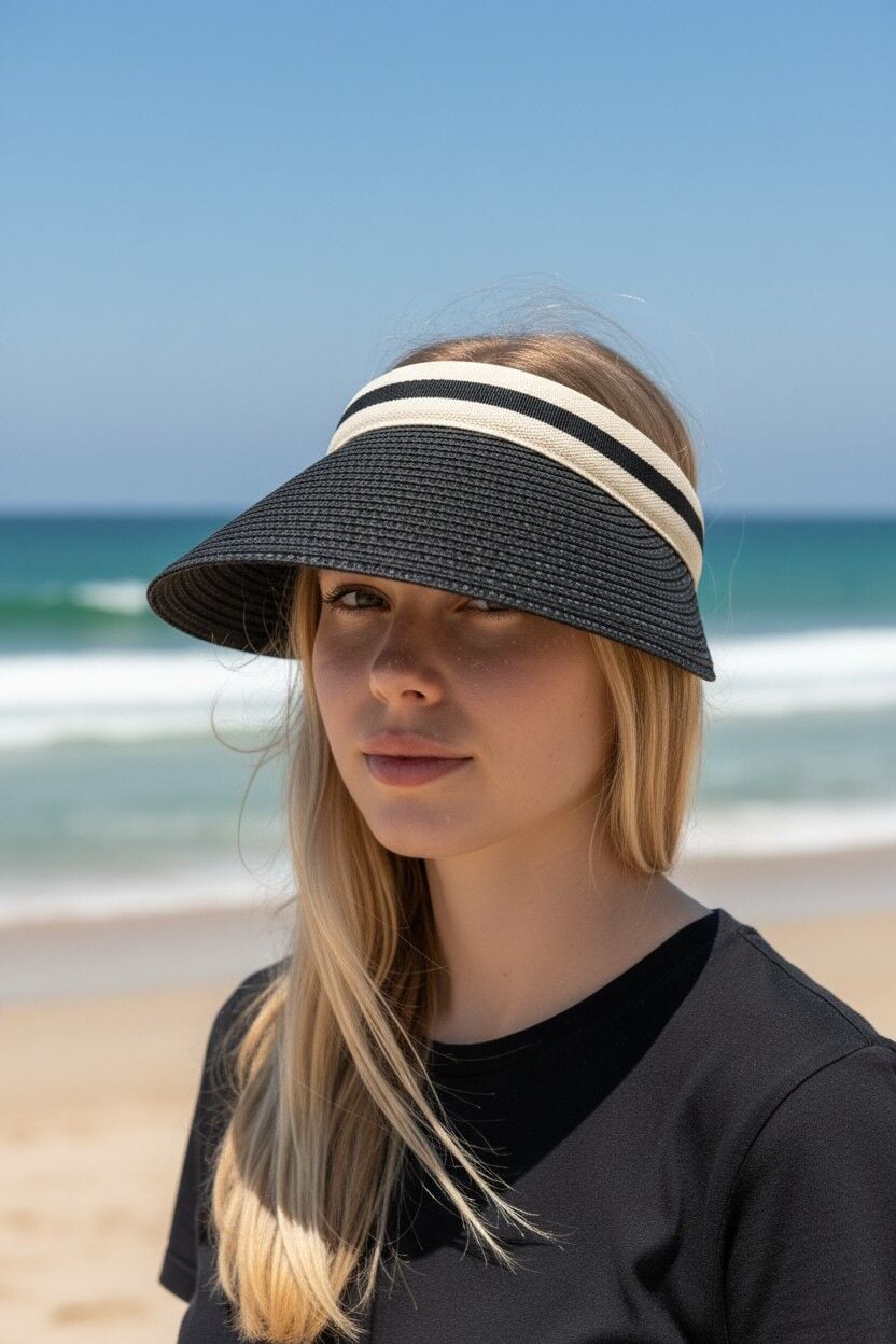 Kadın Vizör Tepesi Açık Şapka Güneşlik Yazlık Spor Plaj Şapkası Geniş Kenarlı Vizörlü Şapka Siyah