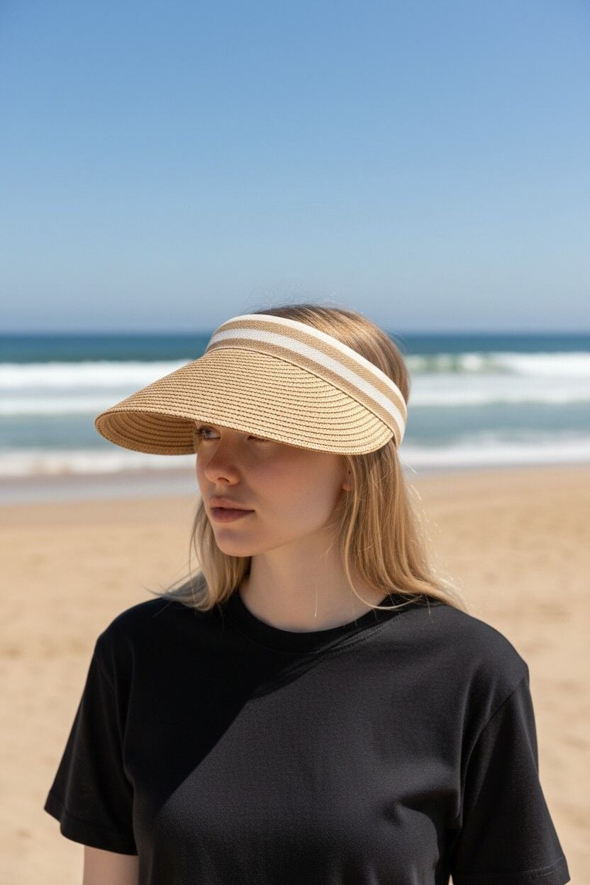 Kadın Vizör Tepesi Açık Şapka Güneşlik Yazlık Spor Plaj Şapkası Geniş Kenarlı Vizörlü Şapka Krem