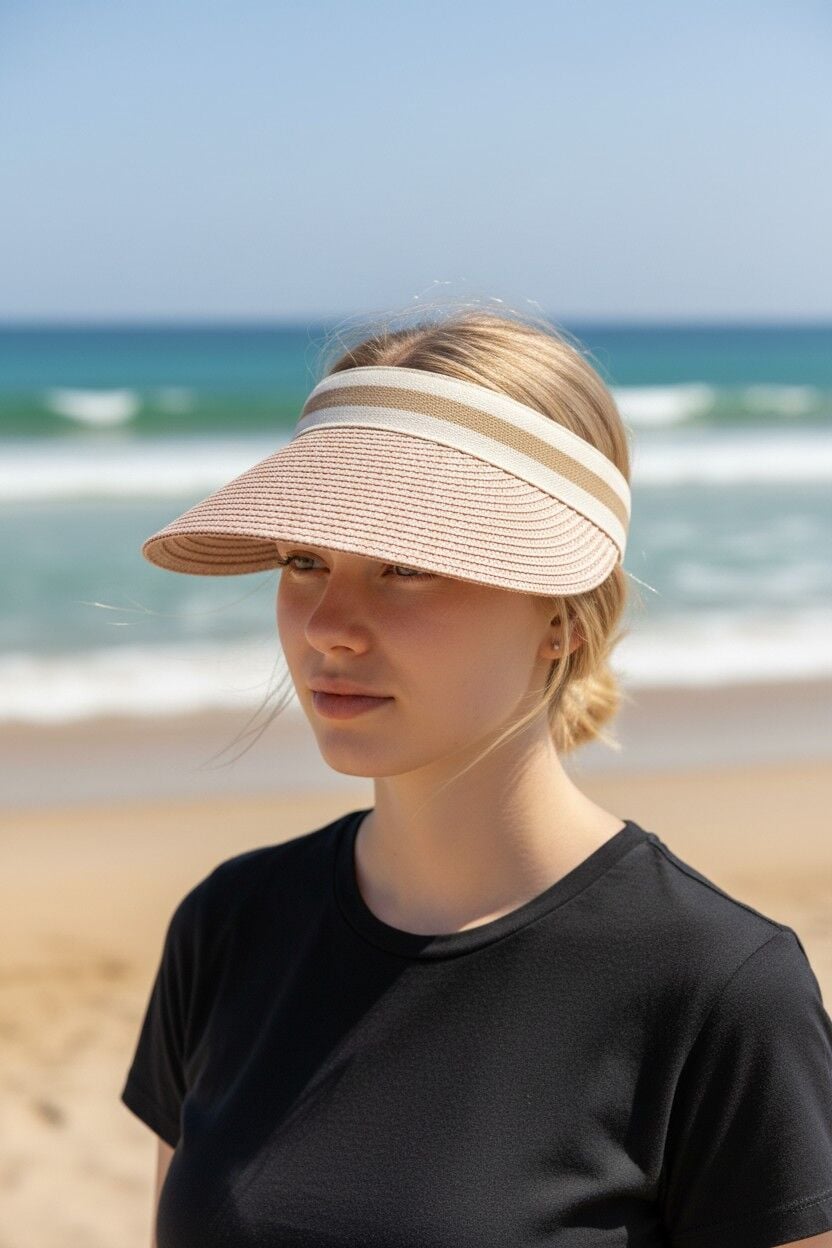 Kadın Vizör Tepesi Açık Şapka Güneşlik Yazlık Spor Plaj Şapkası Geniş Kenarlı Vizörlü Şapka Pudra