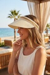 Kadın Vizör Tepesi Açık Şapka Güneşlik Yazlık Spor Plaj Şapkası Geniş Kenarlı Vizörlü Şapka Bej