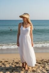 Kadın Vizör Tepesi Açık Şapka Güneşlik Yazlık Spor Plaj Şapkası Geniş Kenarlı Vizörlü Şapka Bej