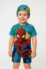 Spiderman Baskılı Erkek Çocuk Mayo Seti | Yüzme Tulum + Boneli  2'li Set 3-7 Yaş Yazlık Yüzücü Mayosu 4 YAŞ