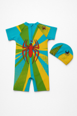 Spiderman Baskılı Erkek Çocuk Mayo Seti | Yüzme Tulum + Boneli  2'li Set 3-7 Yaş Yazlık Yüzücü Mayosu 4 YAŞ