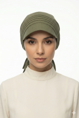 Kadın Tesettür Şapka Bağlamalı Bandanalı Şapka Arkadan Bağlamalı Rahat Model HAKİ