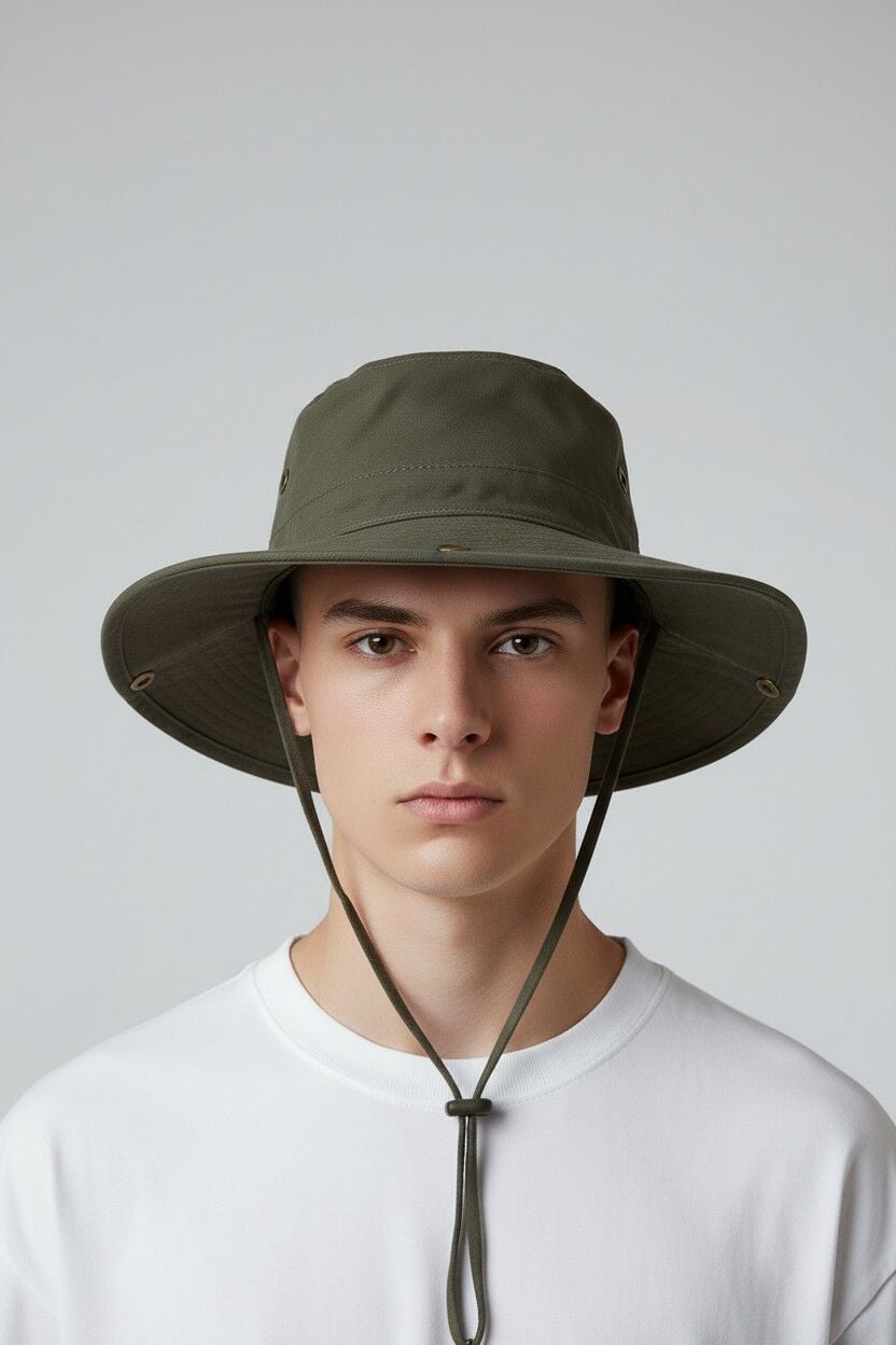 Erkek İpli Şapka Çıtçıt Detaylı Geniş Kenarlı 4 Renk Seçenekli HAKİ