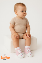 Bebek Dinozor Desenli İlk Adım Ayakkabısı – Yumuşak Taban, Bağcıklı, Pamuklu Kumaş Unisex Açık Pembe 23 