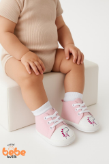 Bebek Dinozor Desenli İlk Adım Ayakkabısı – Yumuşak Taban, Bağcıklı, Pamuklu Kumaş Unisex Açık Pembe 23 
