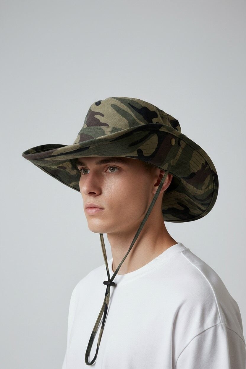 Erkek İpli Şapka Çıtçıt Detaylı Geniş Kenarlı 4 Renk Seçenekli ASKER YEŞİLİ