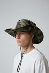 Erkek İpli Şapka Çıtçıt Detaylı Geniş Kenarlı 4 Renk Seçenekli ASKER YEŞİLİ