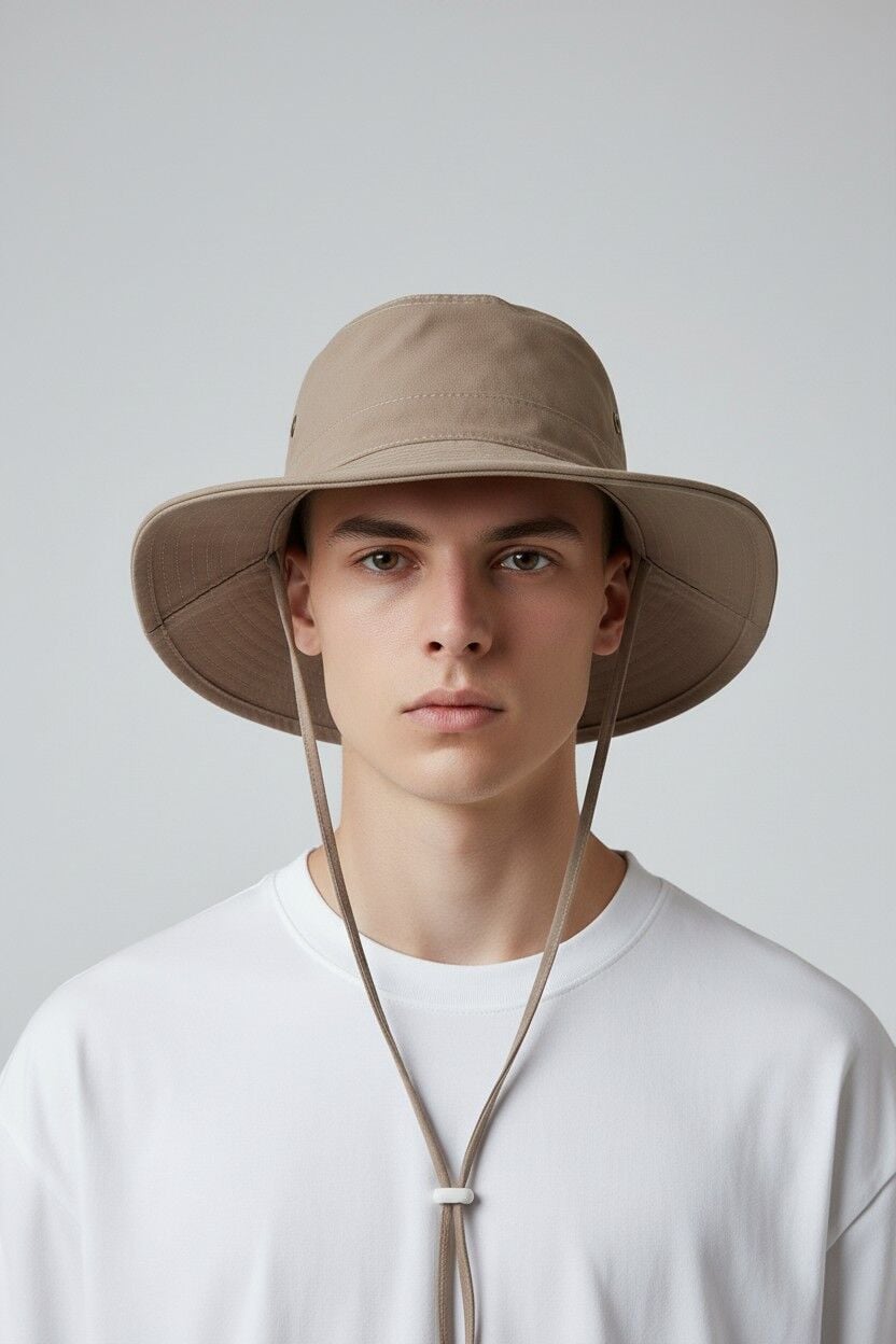 Erkek İpli Şapka Çıtçıt Detaylı Geniş Kenarlı 4 Renk Seçenekli BEJ