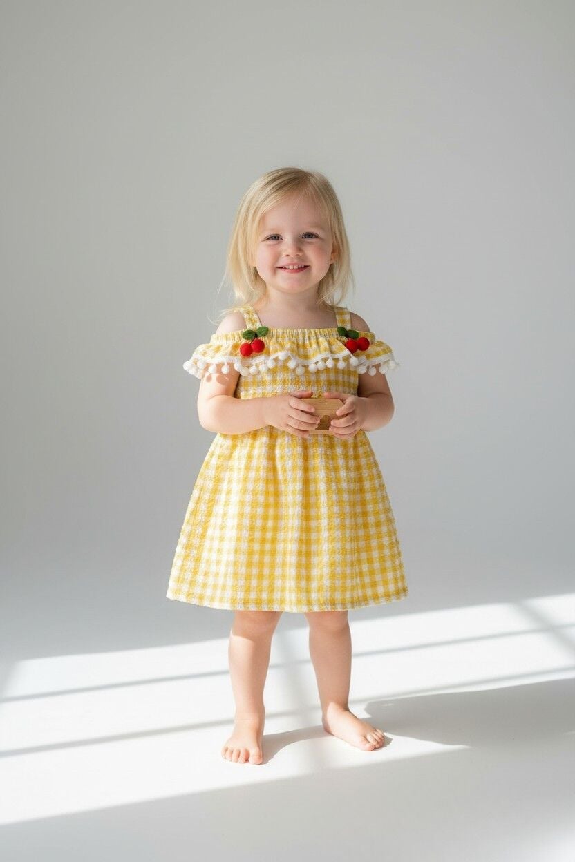 Kız Çocuk Kiraz Detaylı Yazlık Elbise – Askılı Pötikare Desen | 2-5 Yaş Renk Seçenekli SARI 2 Yaş