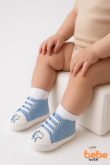 Bebek Dinozor Desenli İlk Adım Ayakkabısı – Yumuşak Taban, Bağcıklı, Pamuklu Kumaş Unisex Mavi 23 