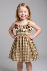 Kız Çocuk Kiraz Detaylı Yazlık Elbise – Askılı Pötikare Desen | 2-5 Yaş Renk Seçenekli VİZON 1 Yaş