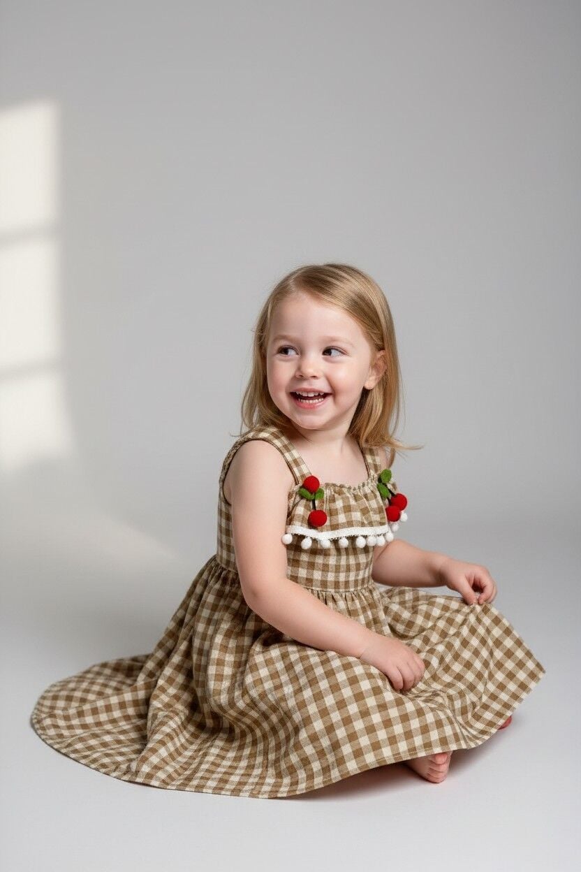 Kız Çocuk Kiraz Detaylı Yazlık Elbise – Askılı Pötikare Desen | 2-5 Yaş Renk Seçenekli VİZON 4 YAŞ