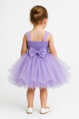 Kız Çocuk Abiye Elbise Tüllü Fiyonklu Doğum Günü & Özel Gün Elbisesi 1-5 Yaş Prenses Model Lila 2 Yaş