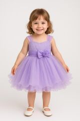 Kız Çocuk Abiye Elbise Tüllü Fiyonklu Doğum Günü & Özel Gün Elbisesi 1-5 Yaş Prenses Model Lila 2 Yaş