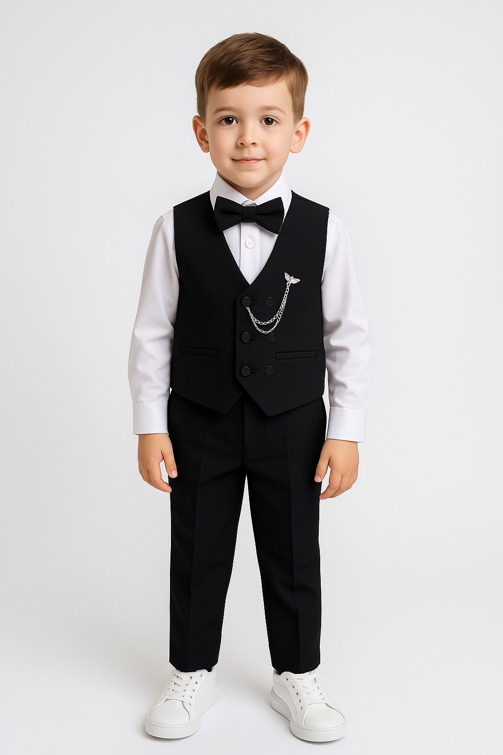 Erkek Çocuk Takım Elbise 5 Parça Papyonlu Yelekli Siyah Şık Kıyafet Düğün Bayram Özel Gün Kıyafeti 6 YAŞ