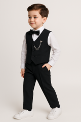 Erkek Çocuk Takım Elbise 5 Parça Papyonlu Yelekli Siyah Şık Kıyafet Düğün Bayram Özel Gün Kıyafeti 6 YAŞ