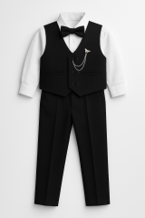 Erkek Çocuk Takım Elbise 5 Parça Papyonlu Yelekli Siyah Şık Kıyafet Düğün Bayram Özel Gün Kıyafeti 6 YAŞ