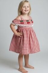 Kız Çocuk Kiraz Detaylı Yazlık Elbise – Askılı Pötikare Desen | 2-5 Yaş Renk Seçenekli  KIRMIZI 4 YAŞ