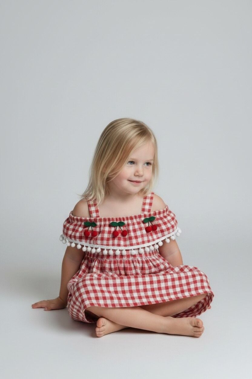 Kız Çocuk Kiraz Detaylı Yazlık Elbise – Askılı Pötikare Desen | 2-5 Yaş Renk Seçenekli  KIRMIZI 1 Yaş