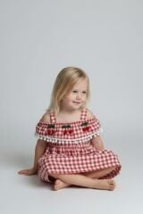 Kız Çocuk Kiraz Detaylı Yazlık Elbise – Askılı Pötikare Desen | 2-5 Yaş Renk Seçenekli  KIRMIZI 4 YAŞ