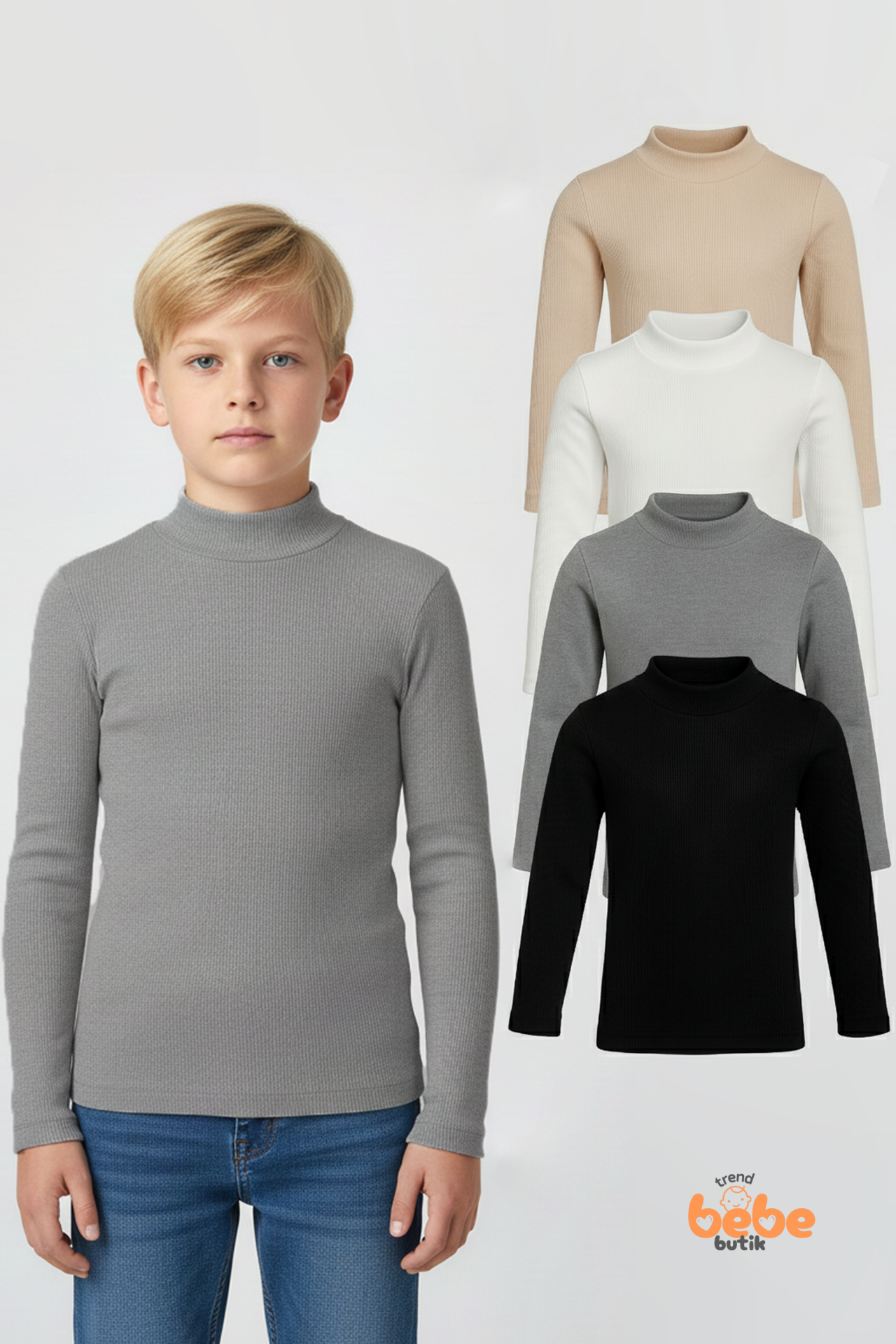 Erkek Çocuk 4’lü Basic Yarım Boğazlı Ribana Body Set Esnek Pamuklu Uzun Kollu Fitilli Body İçlik