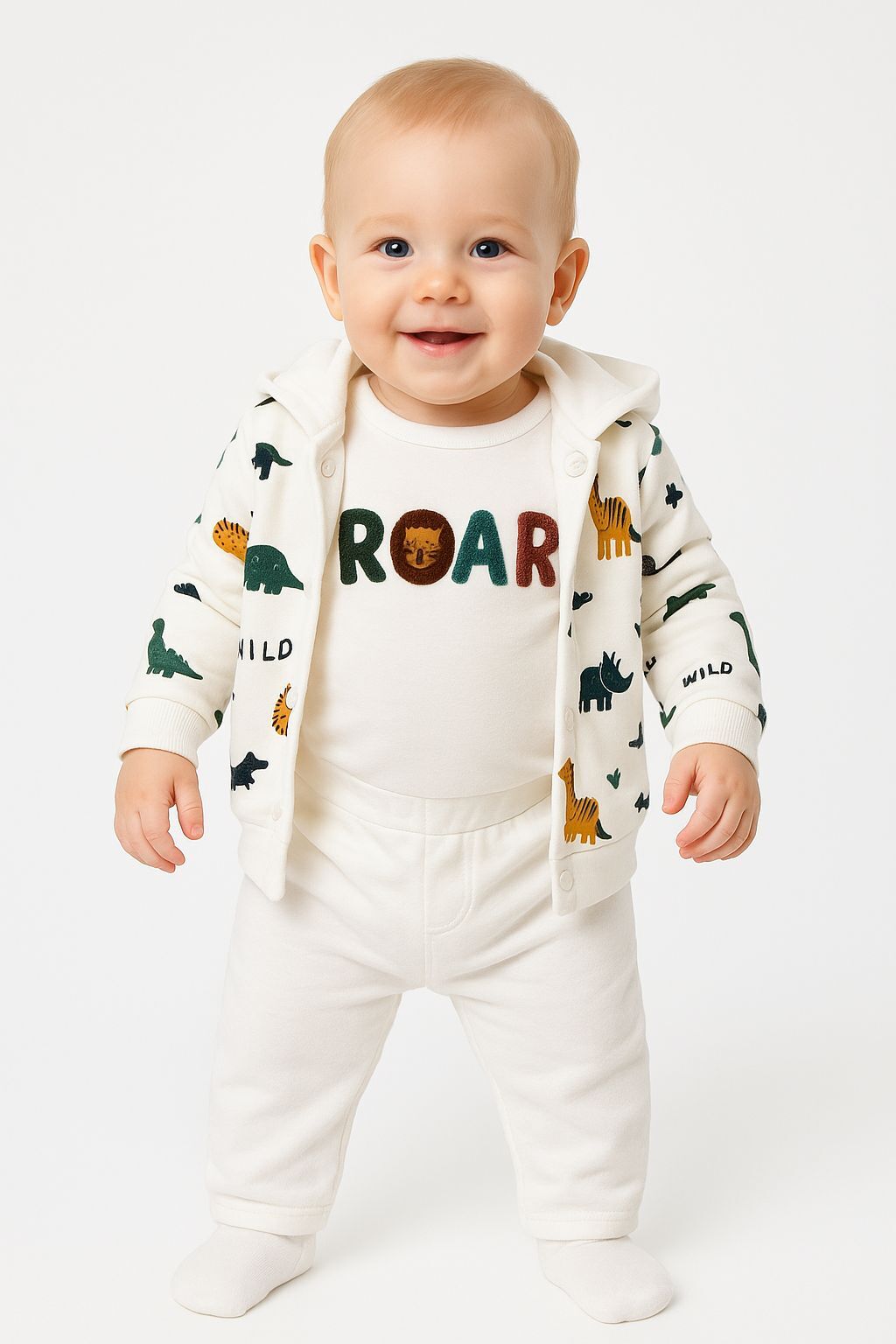 Erkek Bebek 3'lü Dinazor Temalı Takım | ROAR Body Hırka Pantolon Seti 0-9 Ay Bebek Kıyafeti Pamuklu Beyaz