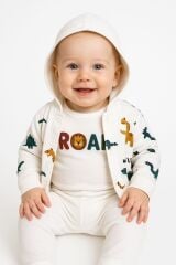 Erkek Bebek 3'lü Dinazor Temalı Takım | ROAR Body Hırka Pantolon Seti 0-9 Ay Bebek Kıyafeti Pamuklu Beyaz