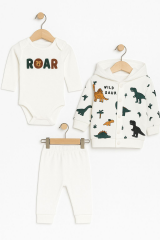 Erkek Bebek 3'lü Dinazor Temalı Takım | ROAR Body Hırka Pantolon Seti 0-9 Ay Bebek Kıyafeti Pamuklu Beyaz
