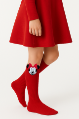 Kız Çocuk Minnie Mouse Figürlü Diz Altı Çorap | Pamuklu Sevimli Uzun Çocuk Çorabı KIRMIZI - 3 YAŞ